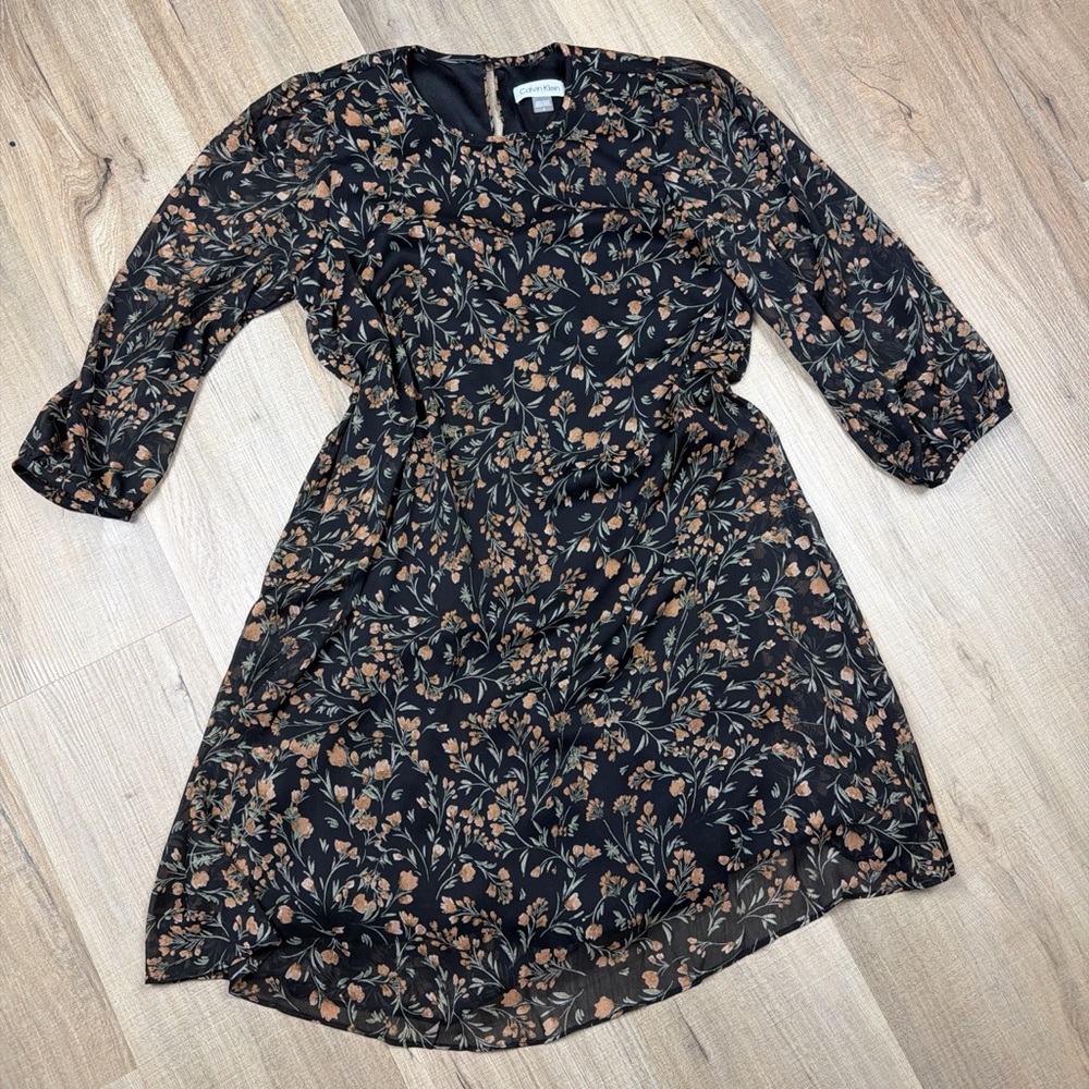 Calvin Klein Black Floral Chiffon Fit & Flare Mini Dress Sheer Sleeve Size 2